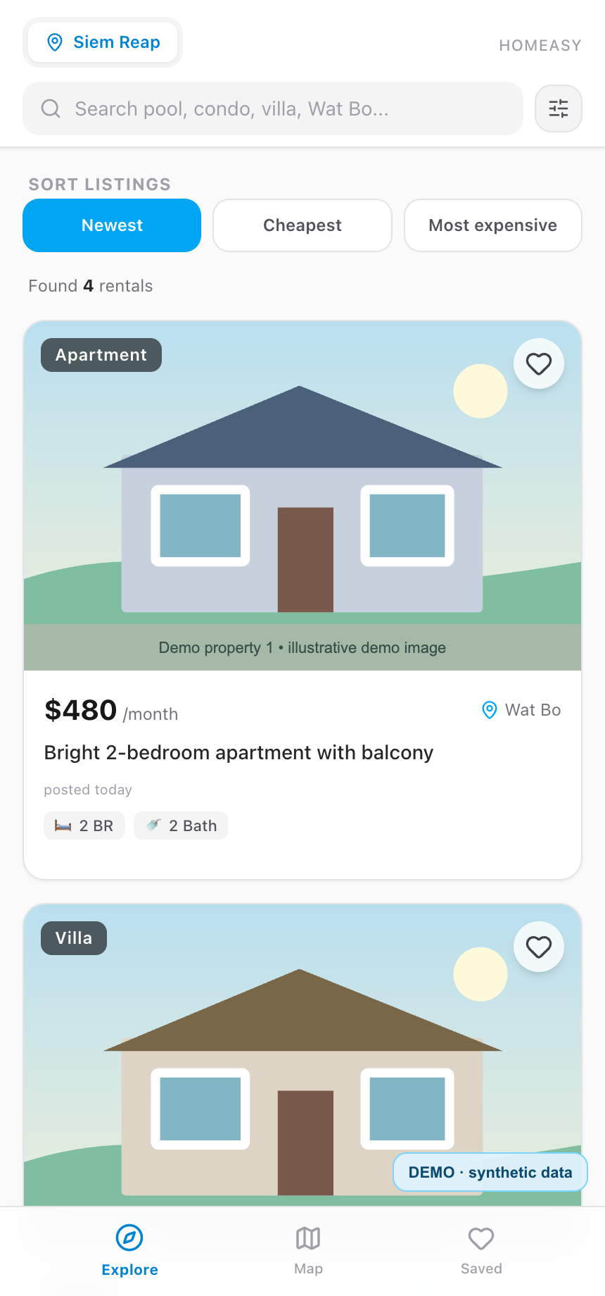 Лента объектов в Homeasy — демонстрационные вымышленные объявления