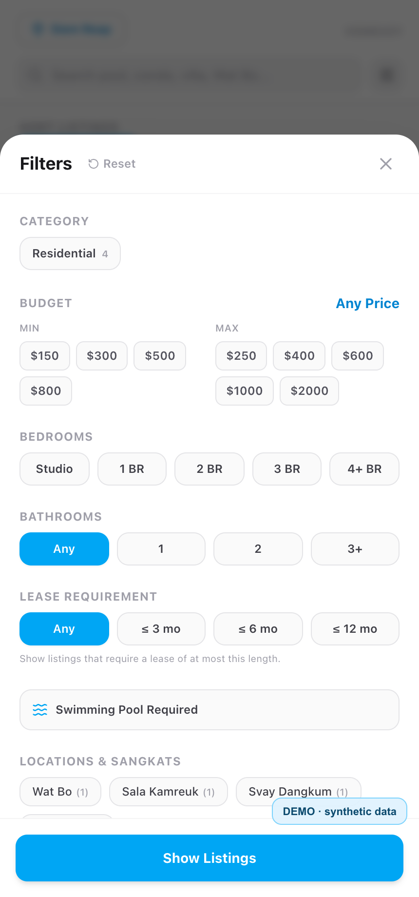 Фильтры поиска Homeasy в демонстрационном режиме